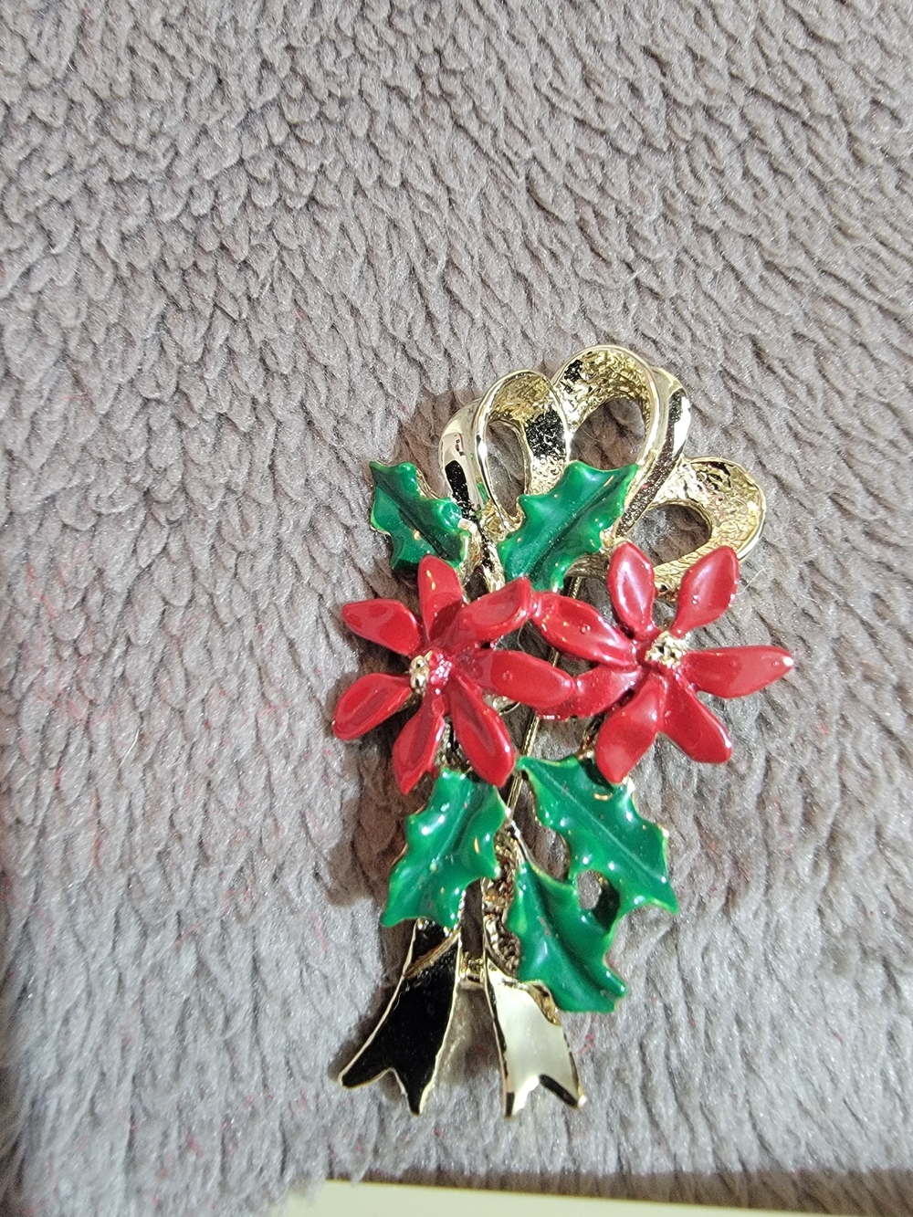 Gerry Weber Red and Green Poinsettia Floral Brooch - Gold Tone